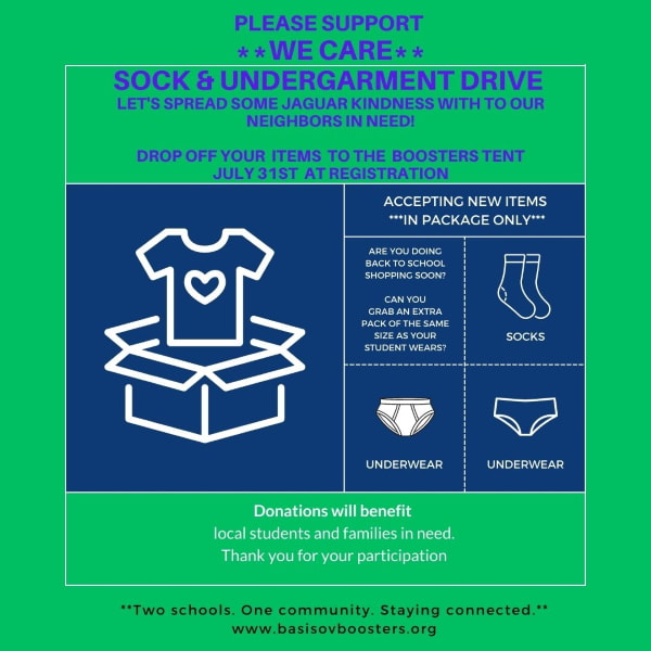 Sock and Undergarment Drive for July 31st. Drop off at the Boosters Tent. New and in package only items