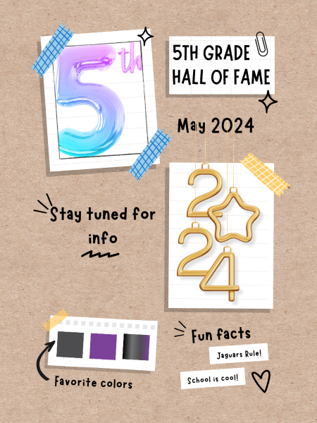 Brown notebook paper with 5th grade Hall of Fame, a number 5, 2024, and stay tuned for info in taped on white paper. 