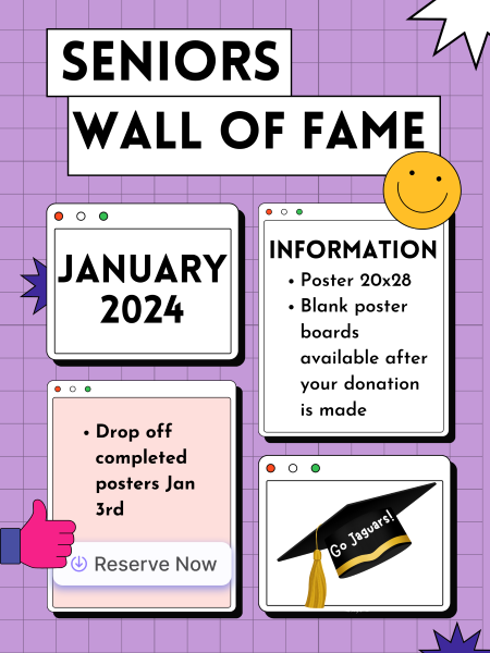 Poster with Senior Wall of Frame at top and boxes shaped like social media boxes with January 2024 and Information Coming Soon below the Wall of Fame Text