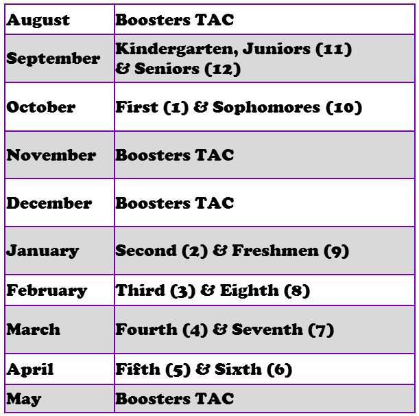 Calendar for class donations to TAC. August Boosters. September K, 11, 12. October 1, 10. November Boosters. December Boosters. January 2, 9. February 3, 8. March 4, 7. April 5, 6. May Boosters.